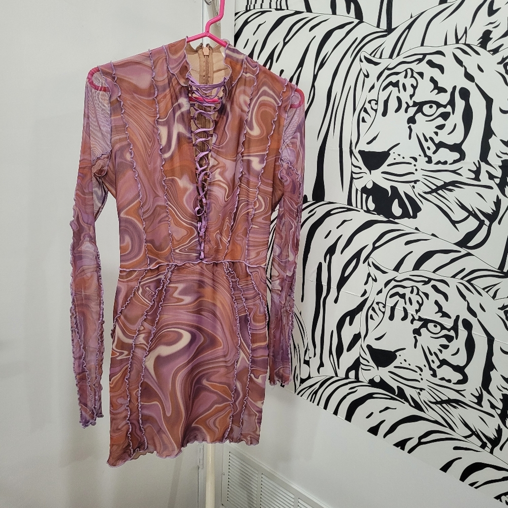 House of CB Mauve Swirl Long Sleeve Dress